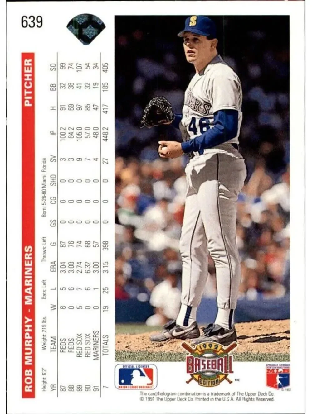 Rob Murphy 1992 Upper Deck MLB #639 Baseball Card Seattle Mariners